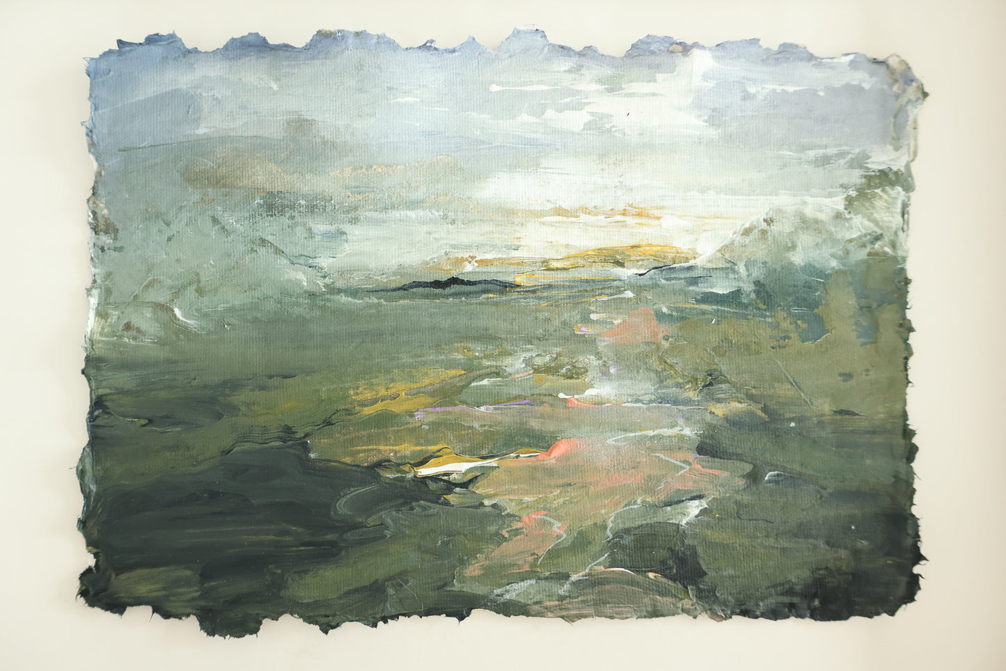 "Calming green valley" maalaus käsintehdylle paperille (32x23cm kehystettynä)