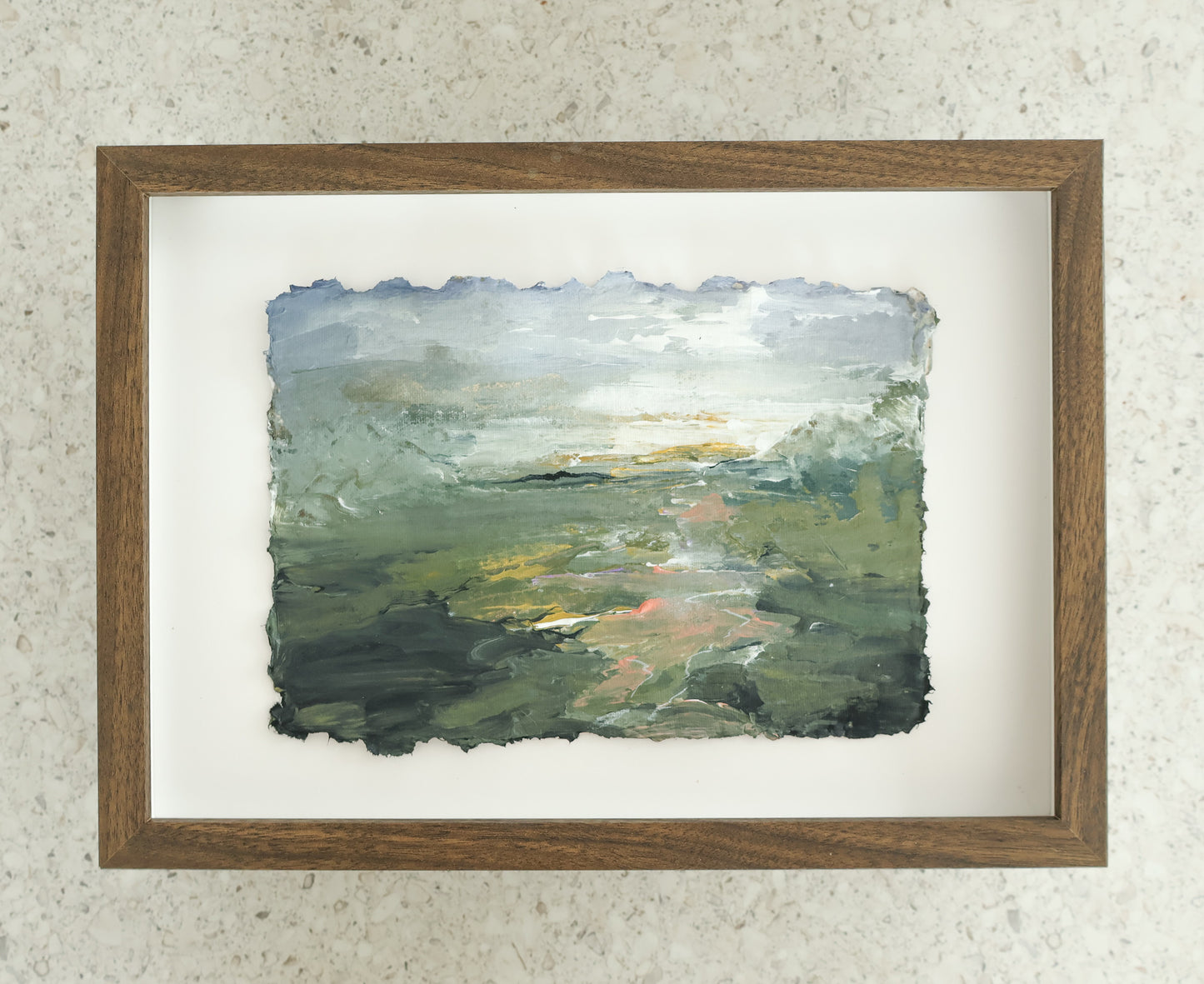 "Calming green valley" maalaus käsintehdylle paperille (32x23cm kehystettynä)