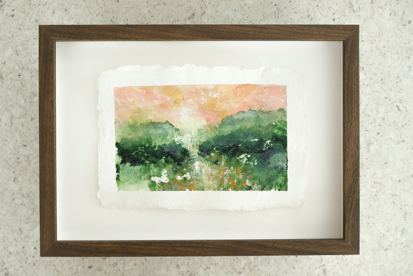 "Tones in the meadow" maalaus käsintehdylle paperille (32x23cm kehystettynä)