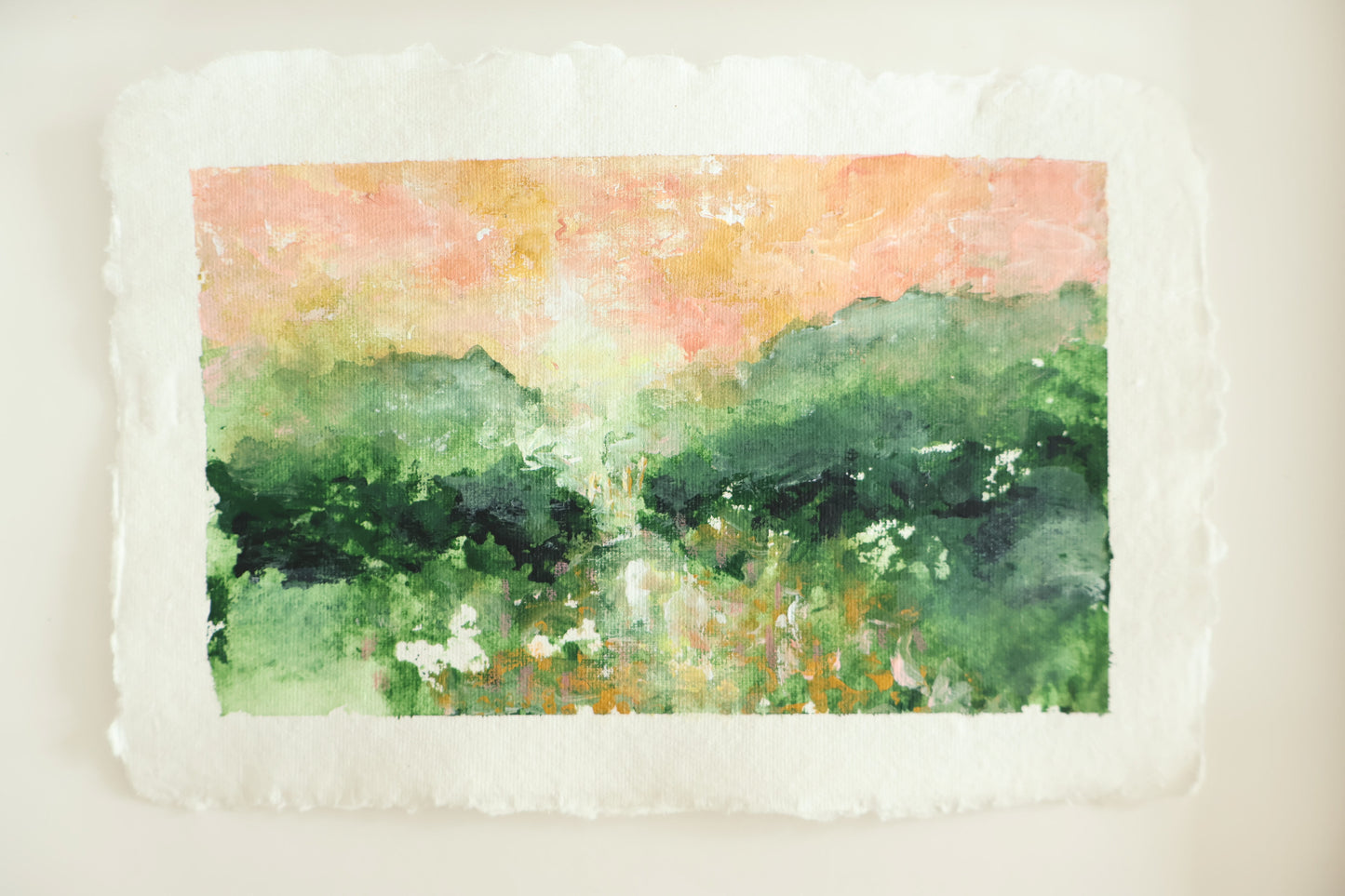 "Tones in the meadow" maalaus käsintehdylle paperille (32x23cm kehystettynä)
