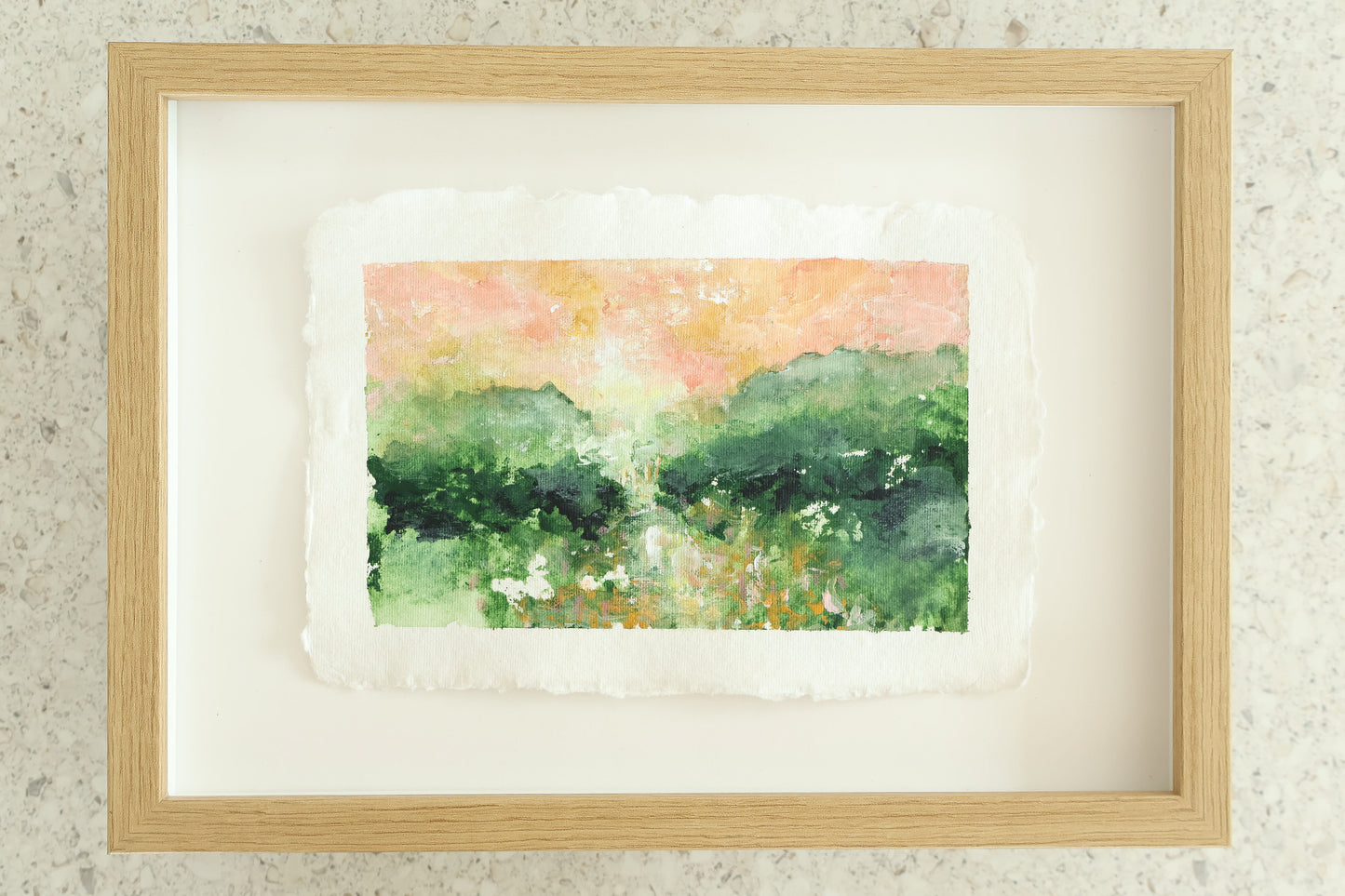 "Tones in the meadow" maalaus käsintehdylle paperille (32x23cm kehystettynä)