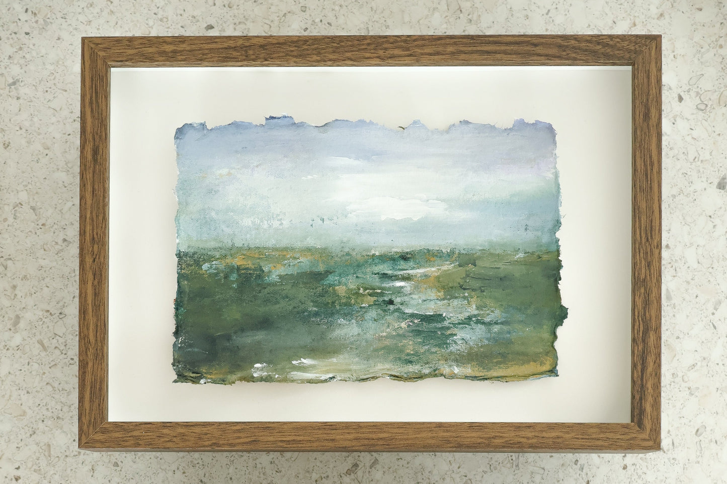 "Calm and green" maalaus käsintehdylle paperille (32x23cm kehystettynä)